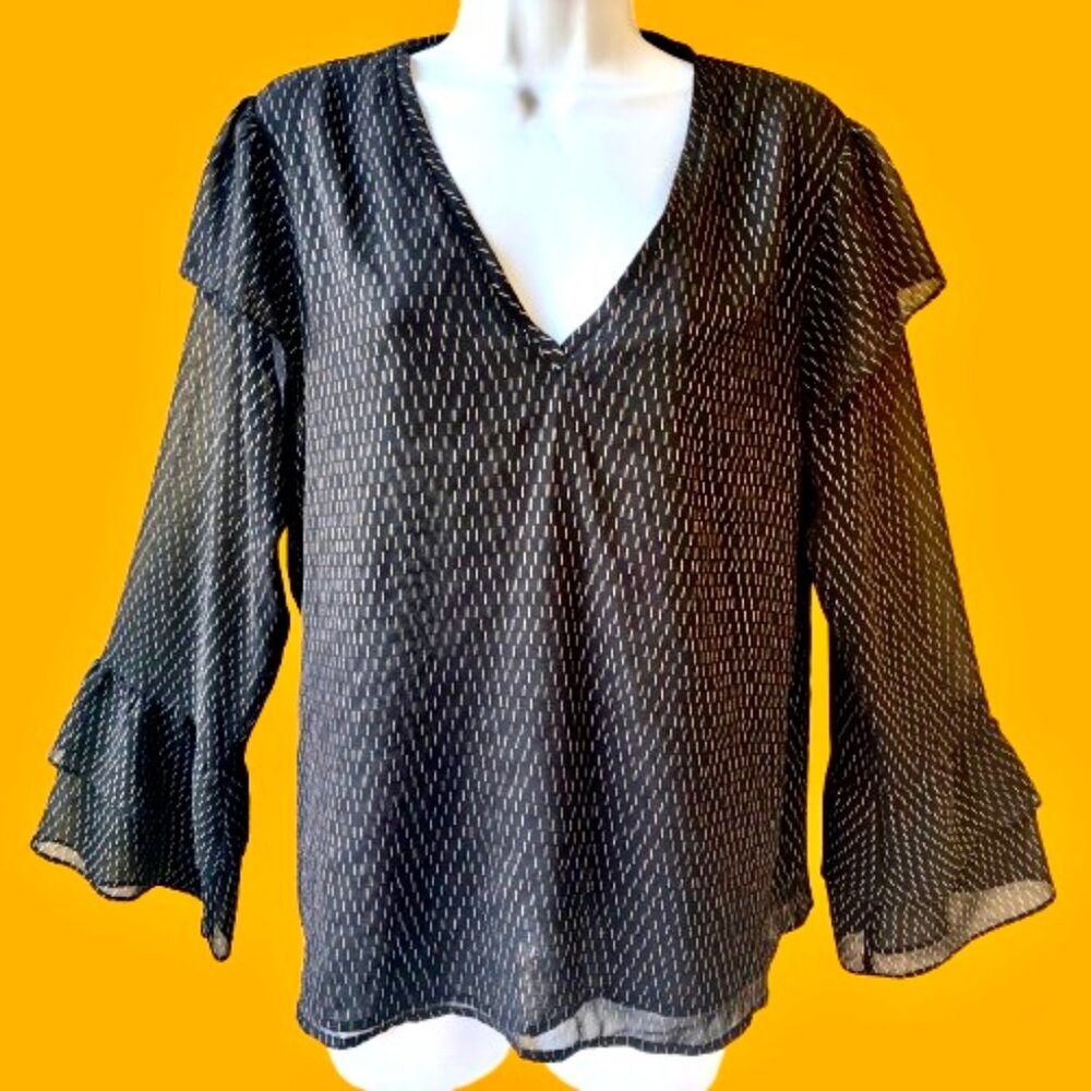 A New Day Top Bell Sleeve Ruffle Black & Gold Metallic LINED size Large